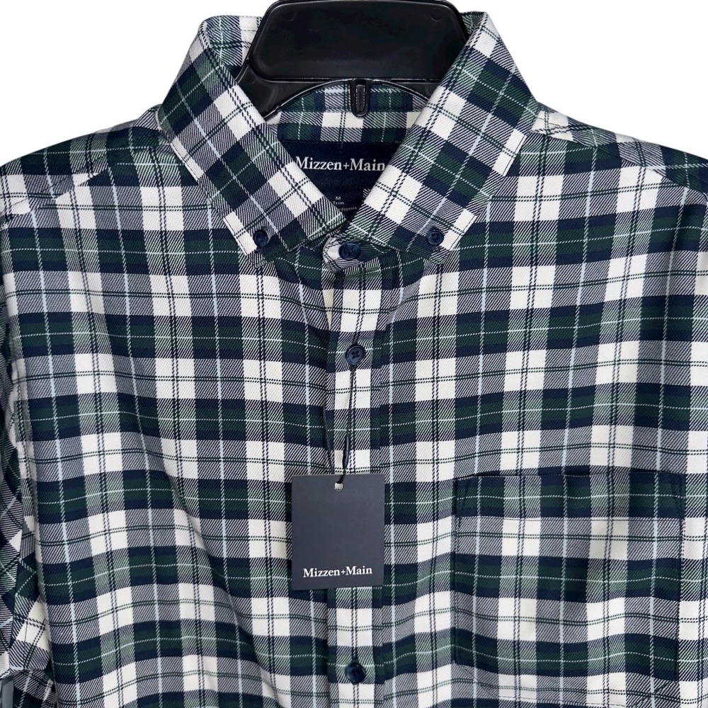 Mizzen + Main Mens Medium Trim Green Plaid Button Down Shirt NWT
